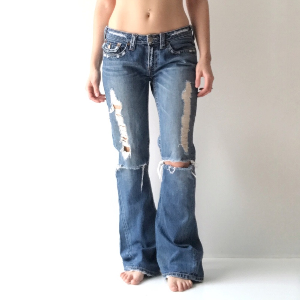 True Religion Low Rise Flare Distressed Jeans